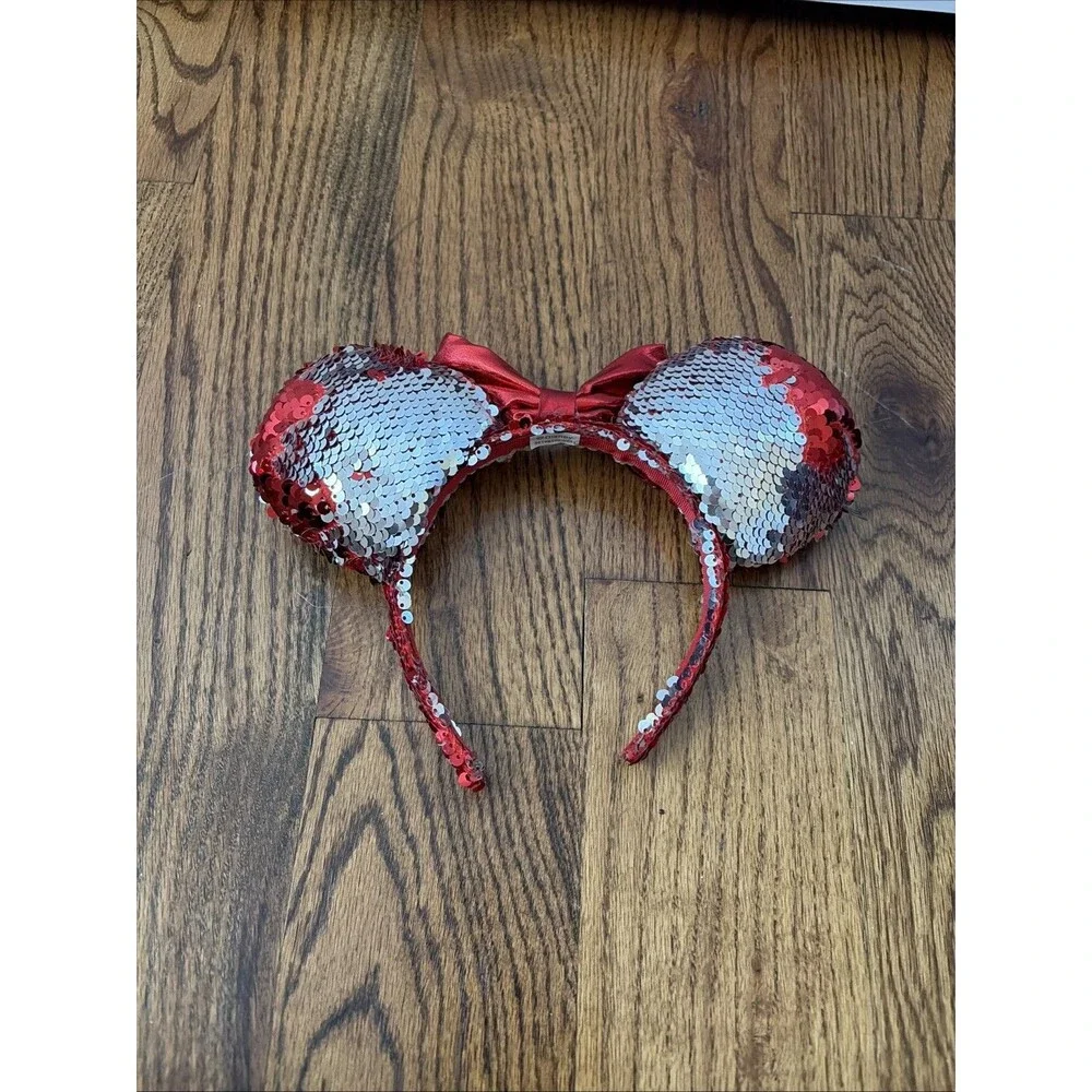 Disney Minnie Mouse Holiday Sequined Ear Headband - Red & Silver With Red Bow